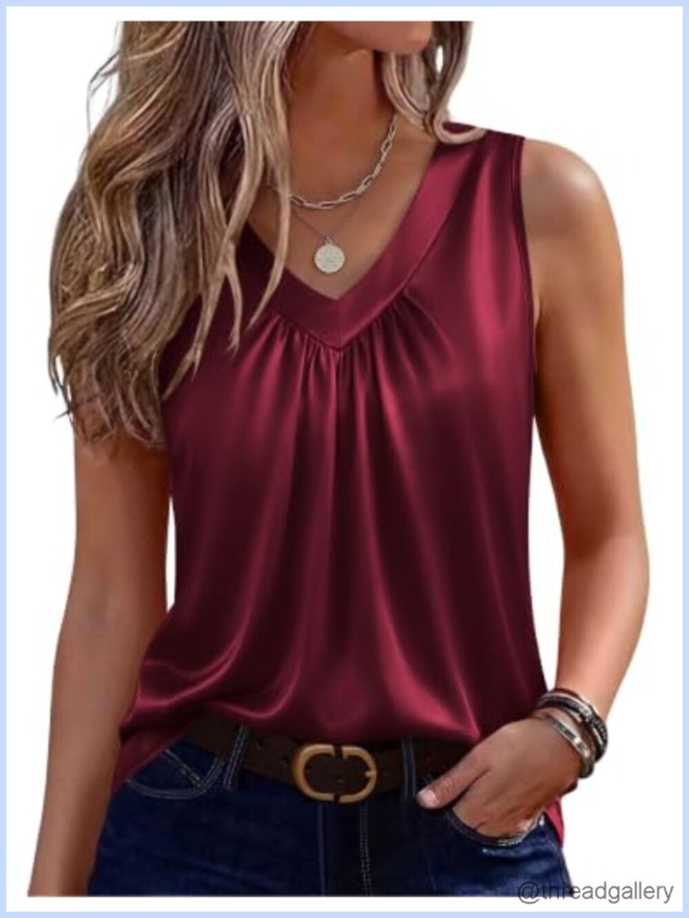 Satin Silk Tank Top Sleeveless V Neck Pleated Blouse